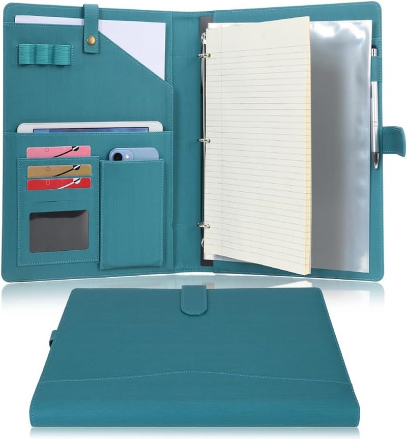WONDERPOOL A4 PU Leather Portfolio Holder Ring File Document Case with Removable Binder Clipboard, Multi Pocket and Legal Pad for Business Organizer Interview and Meeting (Cyan) - Image 1